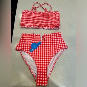 CUPSHE Woman’s Red/White Gingham 2 Piece Smocked Bikini Swimsuit:Size:Medium New